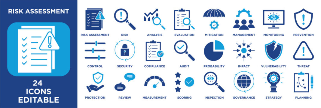 Risk Assessment icon collection set. Containing risk, analysis, evaluation, identification, mitigation, management, monitoring, prevention. solid illustration.