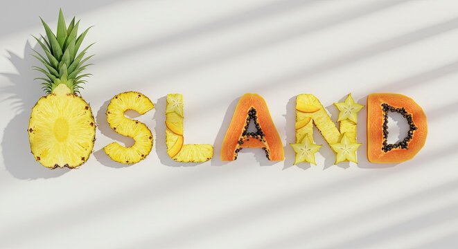 Tropical Fruits Spell Out "Island" on White Background