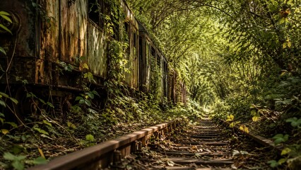 Naklejka premium Abandoned train overgrown with nature, rusty carriages on forgotten tracks in forest