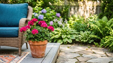 Fototapeta premium Potted Pink Geranium Flower on Backyard Patio Deck with Wicker Chair for Summer Garden Decor and Relaxation Concept