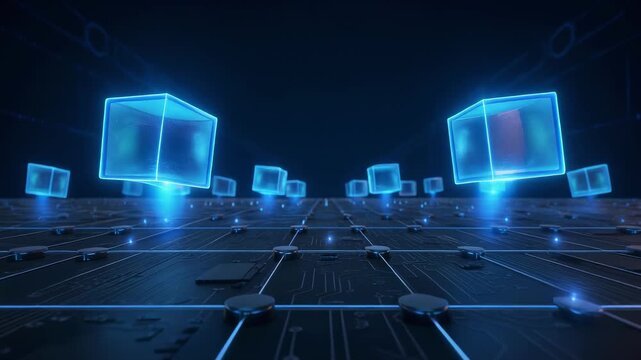 Futuristic digital network with glowing blue cubes floating over complex circuit board technology background