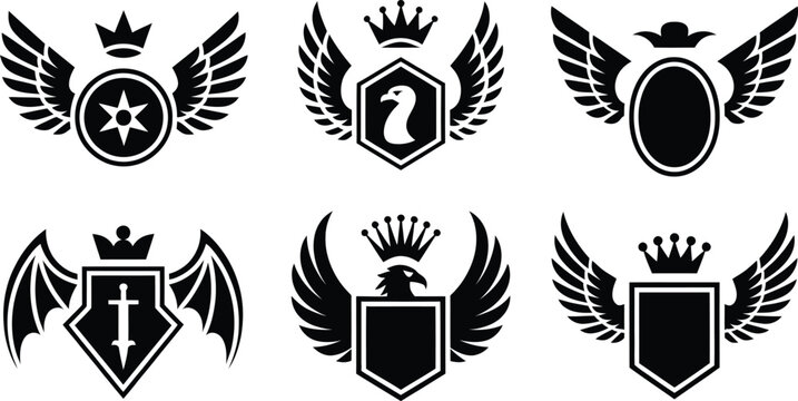Royal winged shield and crown heraldry crest icons