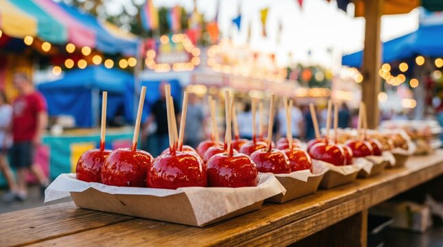 Row of Shiny Red Candy Apples on Sticks at a Summer Carnival Fair Stall for Sweet Treats and Festive Food Concepts