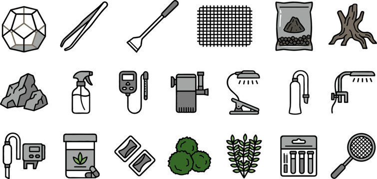 Aquascaping Planted Aquarium Care and Maintenance Tools Vector Icon Set Featuring Tweezers Scraper Filter Water Pump LED Light Substrate and Aquatic Plants