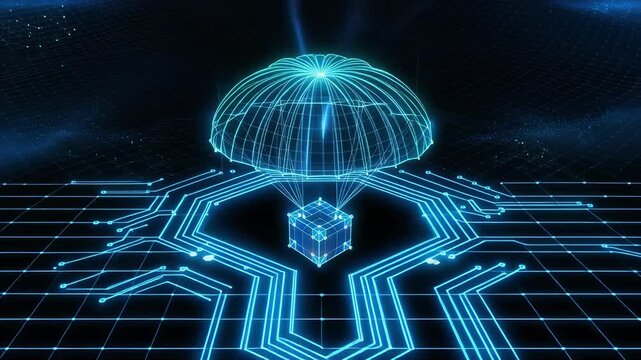 Glowing digital cube descending on futuristic neon parachute in vibrant sci fi scene