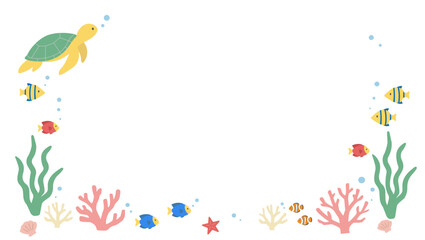 夏のバナーイラスト　海のイラスト　バナー　夏の背景イラスト　夏の生き物イラスト イルカとウミガメの背景　ロゴ © Karin