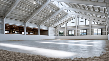 Obraz premium Spacious indoor arena with high ceiling, large windows, natural light, sand floor, modern architecture, peaceful atmosphere
