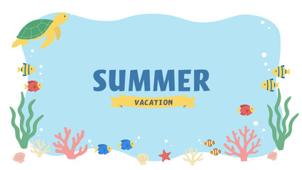 Fototapeta premium 夏のバナーイラスト 海のイラスト バナー 夏の背景イラスト 夏の生き物イラスト イルカとウミガメの背景 ロゴ