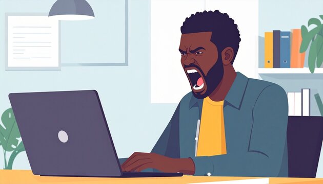 Angry man intensely shouting at laptop, overwhelmed by stress from work or tech problems, expressing frustration