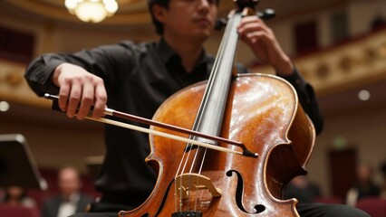 Fototapeta premium A musician plays a cello with focused intensity, the bow gliding over taut strings in an elegant concert hall setting. The background is softly blurred.