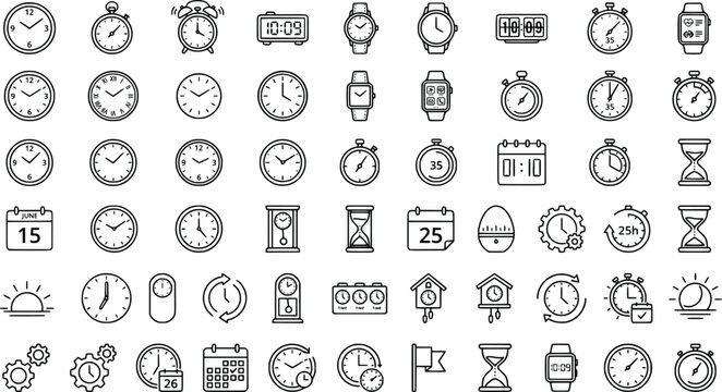 Collection of diverse clock and watch icons with a clean line art style on a white background for temporal concepts