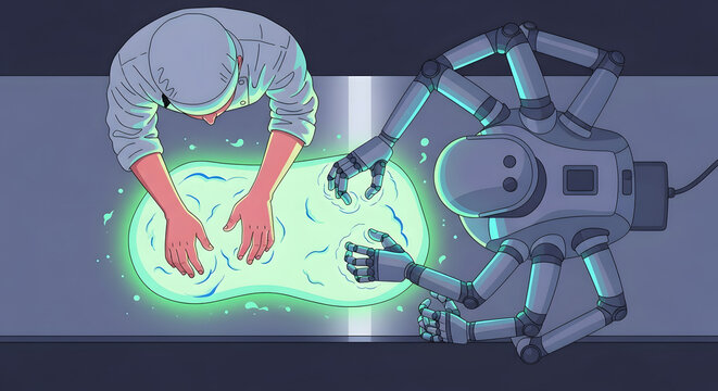 Artificial intelligence robot and human chef collaborating in kitchen