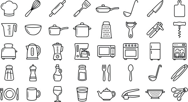 Minimalist kitchen icon set, 36 outline cooking and appliance vector elements, black and white culinary tool symbols for restaurant menus and web design