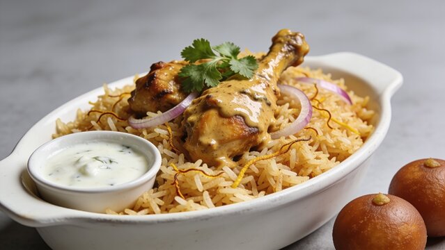 Indian spicy food chicken Afghani Tikka Biryani or Reshmi Chicken Tikka biryani with raita and gulab jamun Served in a dish, ramdan food on grey background