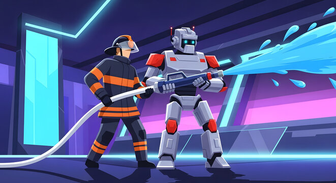 Firefighter and robot collaborator spraying water together