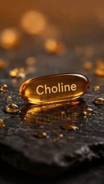 Capsule of choline sits on a dark stone surface surrounded by droplets of water in a well-lit setting during the evening