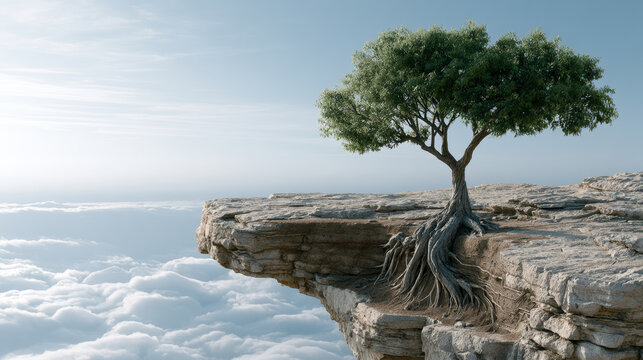 Lone tree cliff sky root rock nature landscape survival resilience cloud. single tree with exposed roots grows on rocky cliff edge above clouds