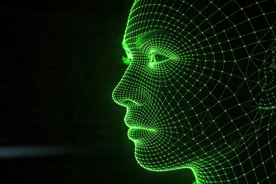 Green Neon Wireframe Human Face Profile AI Tech Dark Background