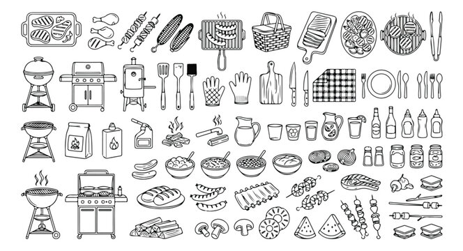 Barbecue and Grilling Hand-Drawn Doodle Vector Icon Set, BBQ Party Food and Equipment Collection, Outdoor Summer Cookout Elements, Restaurant Menu Graphics, Black and White Line Art Illustration