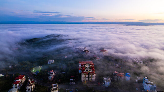 Manipal City, fog, Udupi, drone view