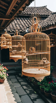 Traditional wooden bird cages hanging outdoors with bird cage traditional handicraft decoration architecture building cobblestone lifestyle collection