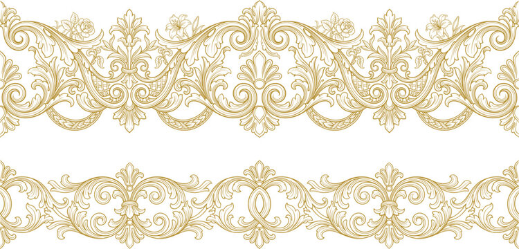 Ornate gold baroque floral border pattern isolated on white background with intricate scrollwork for decoration