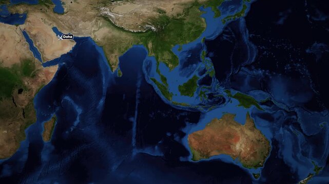 Animated Satellite Map Showing Flight Route from Doha to Brisbane Australia