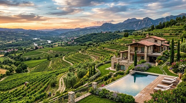 Serene mountain villa with lush gardens and tranquil pond at sunset
