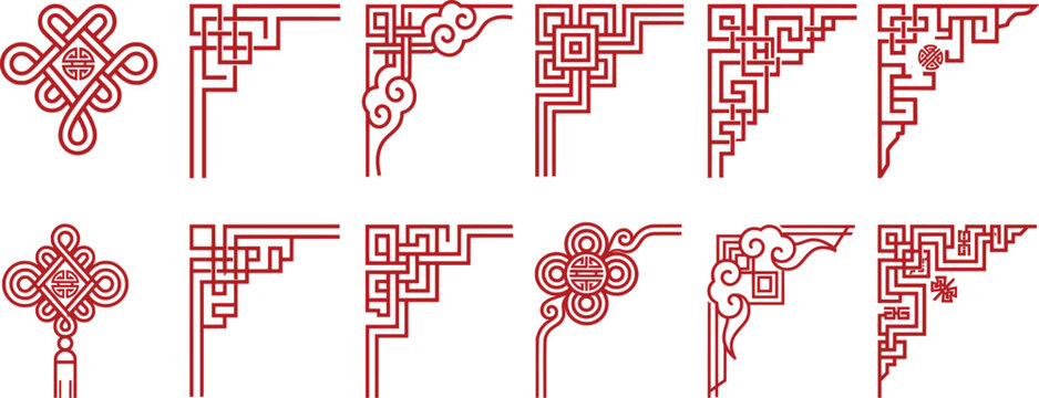 Traditional Chinese corner borders and knots, 12 red oriental decorative elements, vintage asian frame ornaments for lunar new year invitations