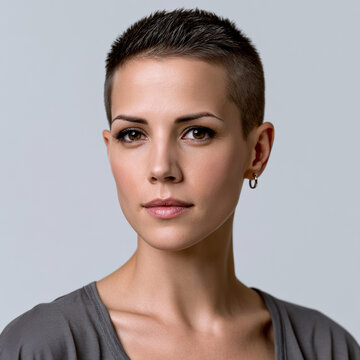 Woman brown hair shaved sides hoop earring confident expression short hairstyle studio portrait