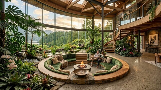 Luxury Eco-Friendly Home Interior with Nature View and Fireplace