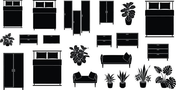 Bedroom furniture and houseplant silhouettes set including beds wardrobes dressers and potted plants for interior design projects