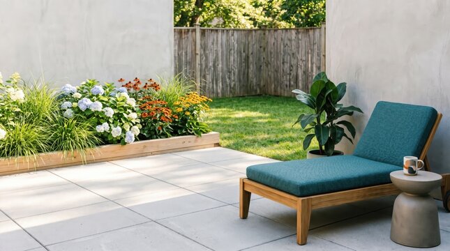 Modern Backyard Patio Design with Teak Lounge Chair and Raised Flower Garden Bed for Outdoor Relaxation