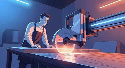 Fototapeta premium Human worker operating artificial intelligence robot cutting machine
