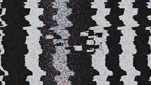 A dark, abstract image features scattered, pixelated blocks against a stark black background punctuated by horizontal white lines, creating a glitchy and modern aesthetic.