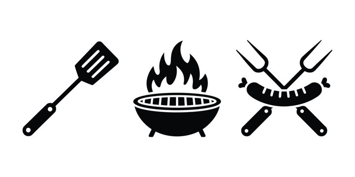 Barbecue Grill Icons Featuring Flame, Sausage, Spatula, Fork, and Cooking Tools for Summer Picnic, Backyard BBQ Party, and Outdoor Food Design