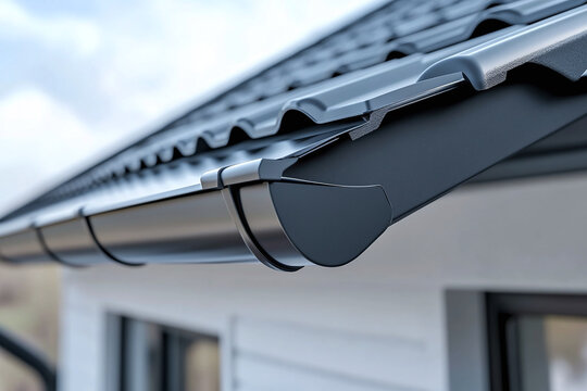 Close-up of a seamless aluminum gutter installed on a white house roof. Rainwater drainage, roof protection, and exterior home maintenance define the residential concept.