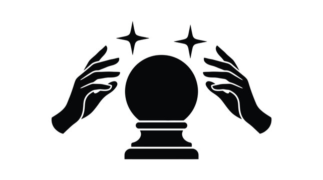 Black and white vector illustration of two human hands hovering over a mystical crystal ball with sparkling stars representing fortune telling and psychic magic powers