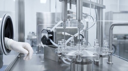 Obraz premium Sterile pharmaceutical filling machine with automated dispensing system and vials