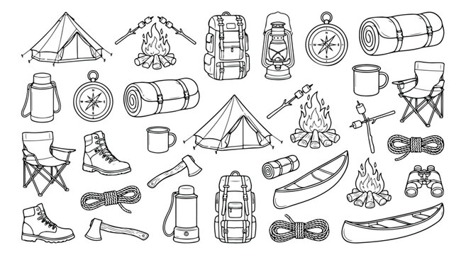 Camping icons set in hand drawn line art style, outdoor adventure equipment collection, hiking gear and wilderness survival vector elements