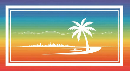 Obraz premium Vibrant Rainbow Horizon: Tropical Island Silhouette with Palm Tree and Cityscape