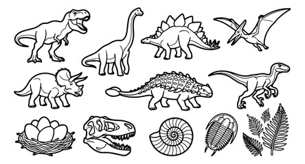 Dinosaur line art collection, prehistoric animal vector set with T-Rex and Triceratops, black and white paleontology icons for coloring and education © Asma
