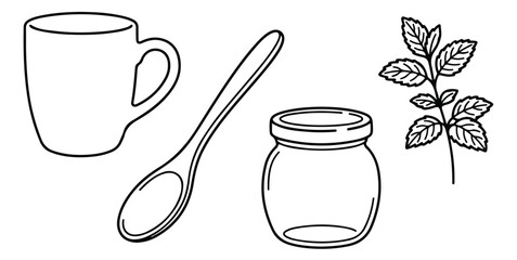 Minimalist kitchen line art set, black and white outline of coffee mug and glass jar, herbal tea mint leaf and spoon vector illustrations © Asma