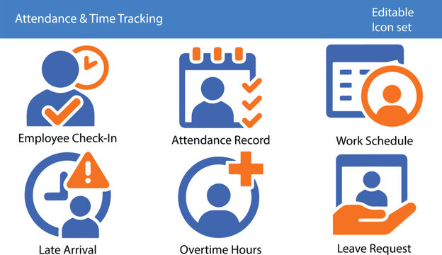 Attendance management icon set featuring time tracking, schedules, check-in systems, and workforce monitoring. Two-color flat vector icons for human resources business.
