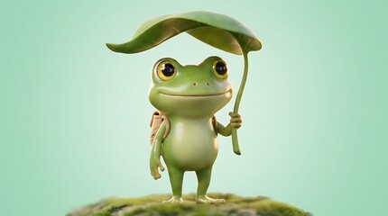 Fototapeta premium A cheerful green frog holding a leaf umbrella on a mossy rock