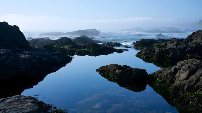 Azure tide pools reflect the sky and rolling mist creating a tranquil and peaceful natural landscape