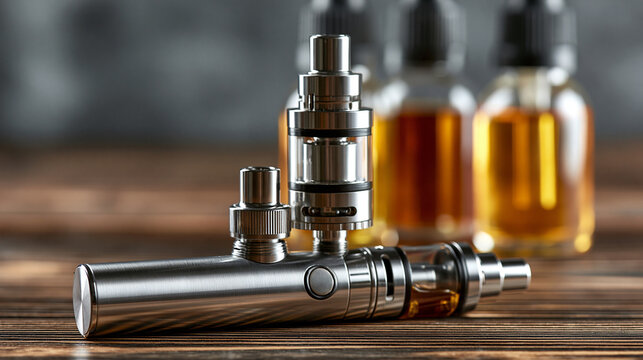 Vaping devices, featuring a mod and a tank, stand with another atomizer and bottles of e liquid, representing the latest trend in tobacco replacement, copy space