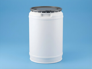 Obraz premium Isolated white plastic drum container with grey lid on blue background industrial storage barrel shipping and logistics