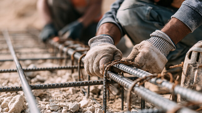Construction worker hands tying rebar with wire, creating steel reinforcement mesh for concrete foundation at building site, representing hard work, development, and progress