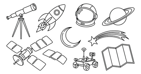 Space exploration line art icons, astronomy and galaxy vector set, rocket and astronaut helmet coloring page elements, 10 science icons © Asma